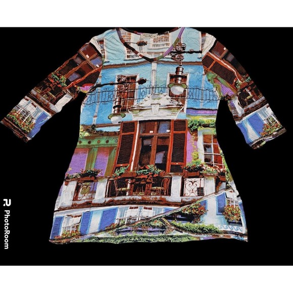 Orientique Naturally Art Deco Tunic Blouse Shirt Top Popover Scenery Womens M - Picture 1 of 12